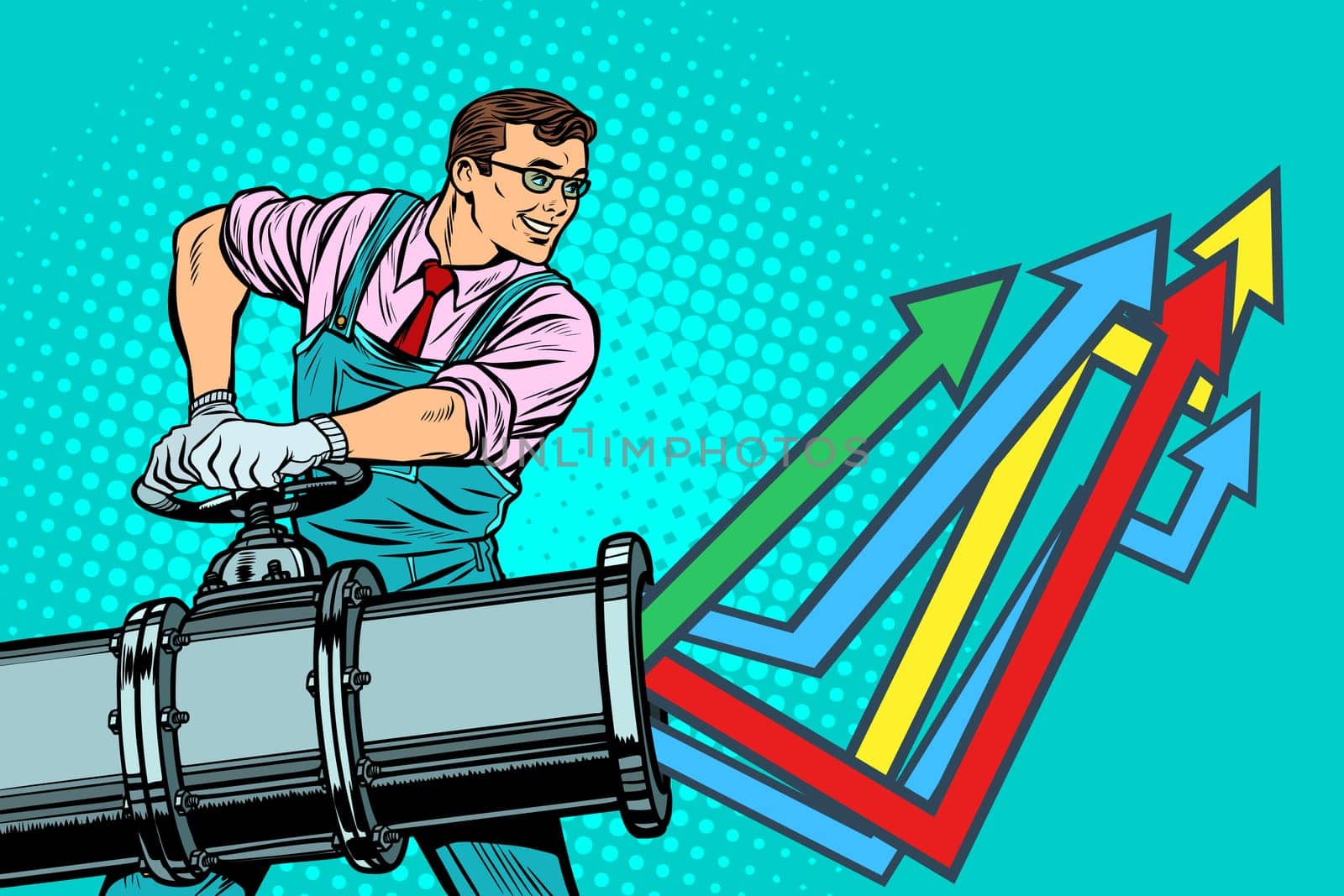 businessman opens pipe, growth chart up. Plant and industry. Pop art retro vector illustration vintage kitsch