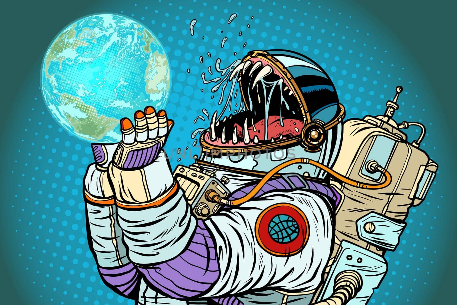 Astronaut monster eats earth planet. Greed and hunger of mankind concept. Pop art retro vector illustration vintage kitsch
