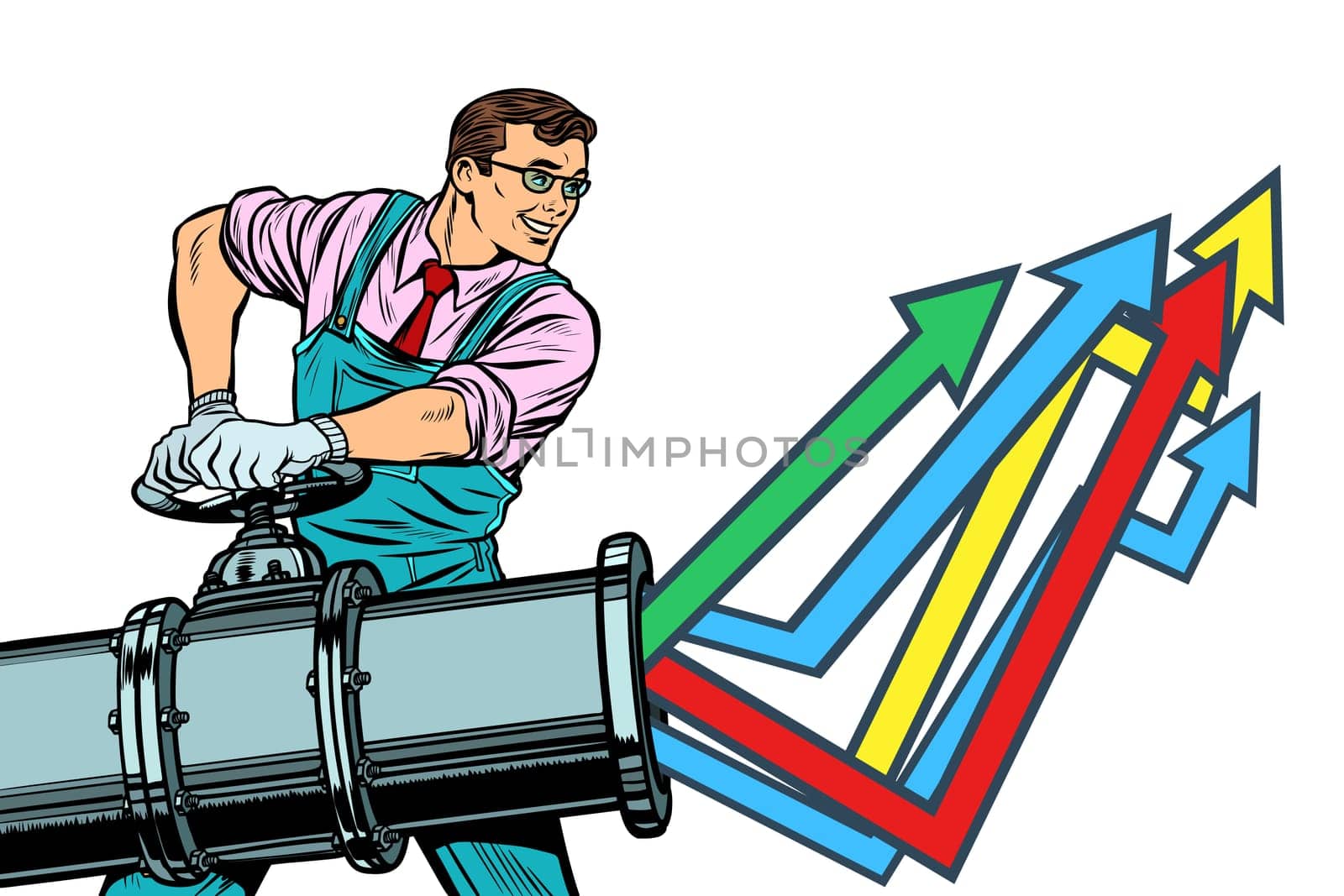 businessman opens pipe, growth chart up. Plant and industry. Isolate on white background. Pop art retro vector illustration vintage kitsch