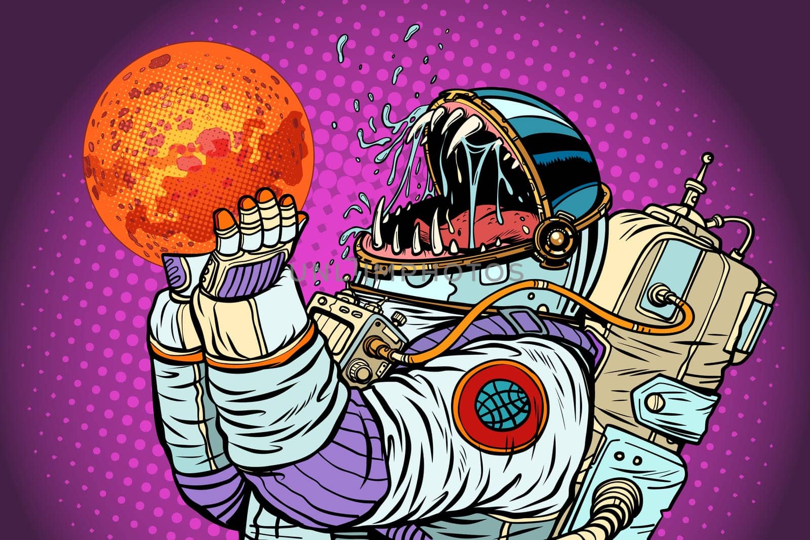 Astronaut monster eats Mars. Greed and hunger of mankind concept. Pop art retro vector illustration vintage kitsch