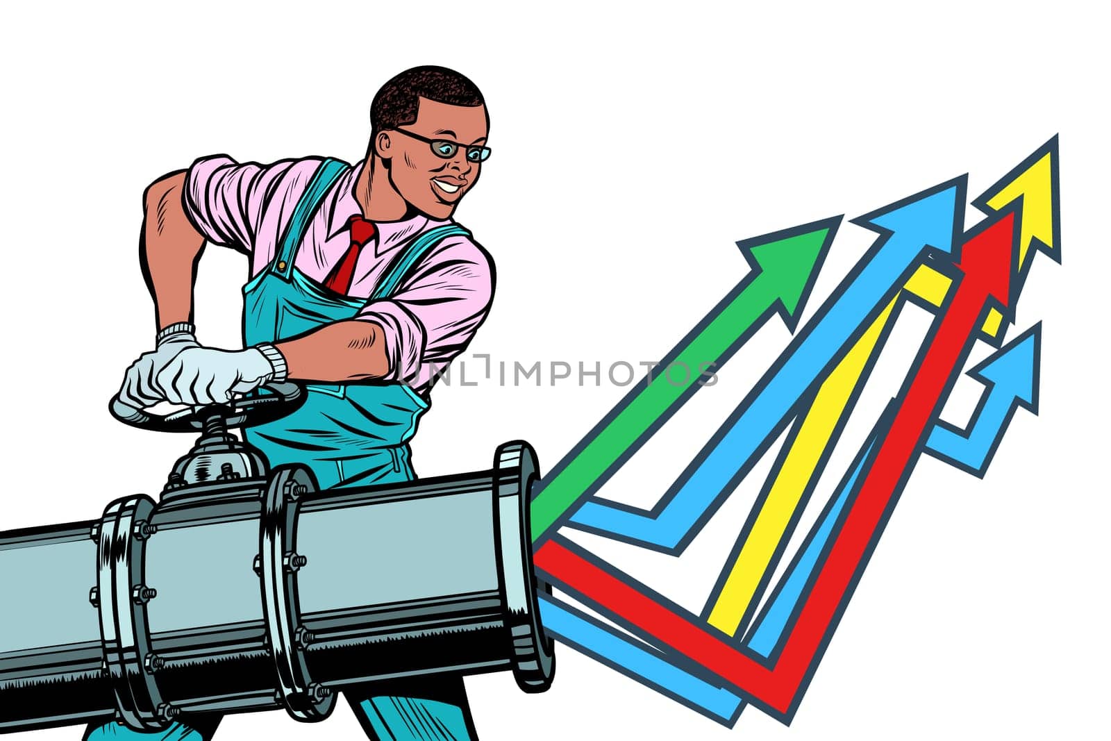 African businessman opens pipe, growth chart up. Plant and industry. Isolate on white background. Pop art retro vector illustration vintage kitsch