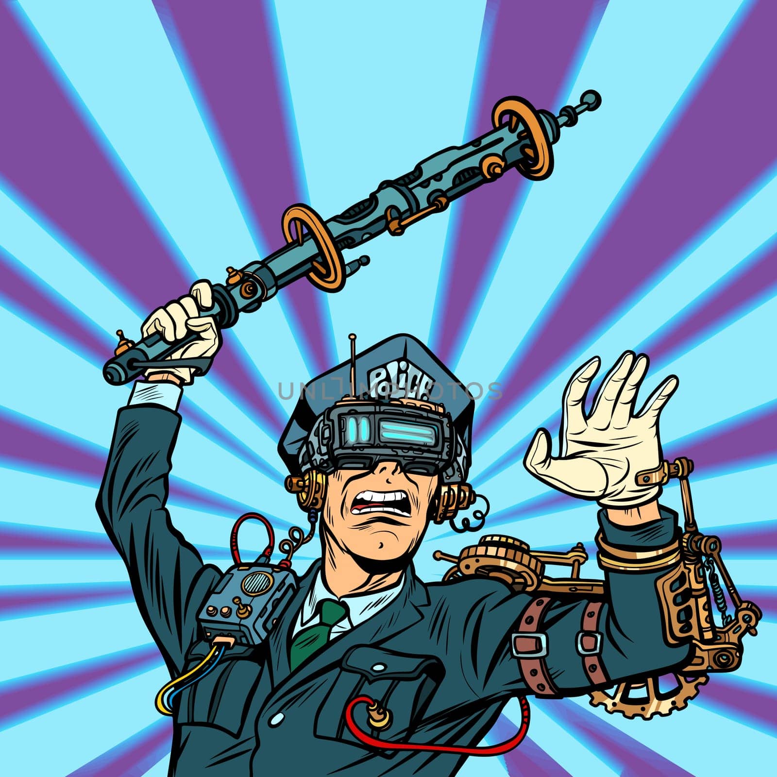VR glasses. virtual reality. police violence, state censorship on the Internet concept. COP officer beat a baton. Pop art retro vector illustration vintage kitsch