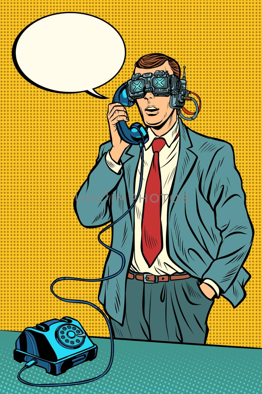 VR glasses. Steampunk cyberpunk. man talking on a retro phone. Pop art retro vector illustration vintage kitsch