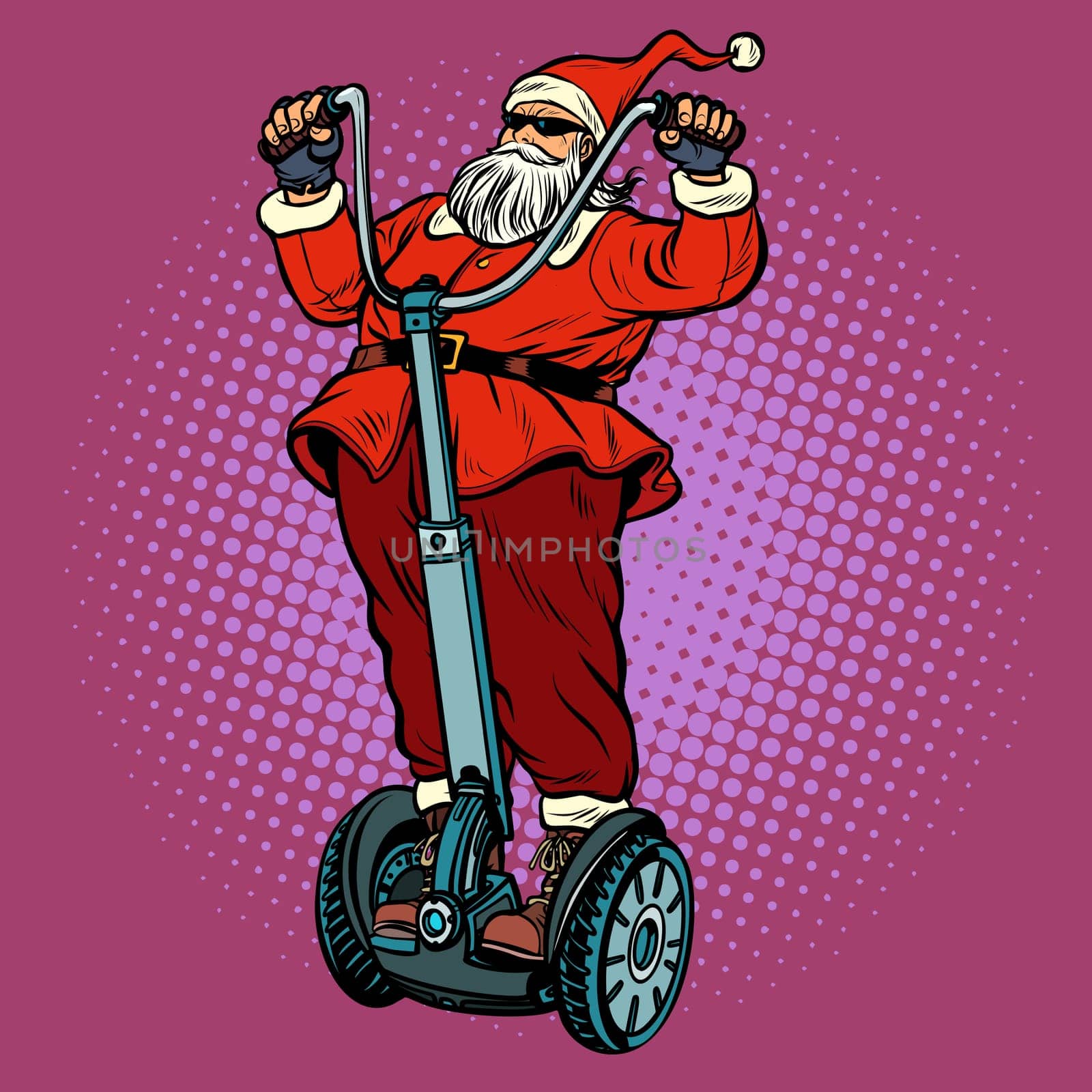 Santa Claus biker with Christmas gifts rides an electric scooter. Pop art retro vector illustration vintage kitsch