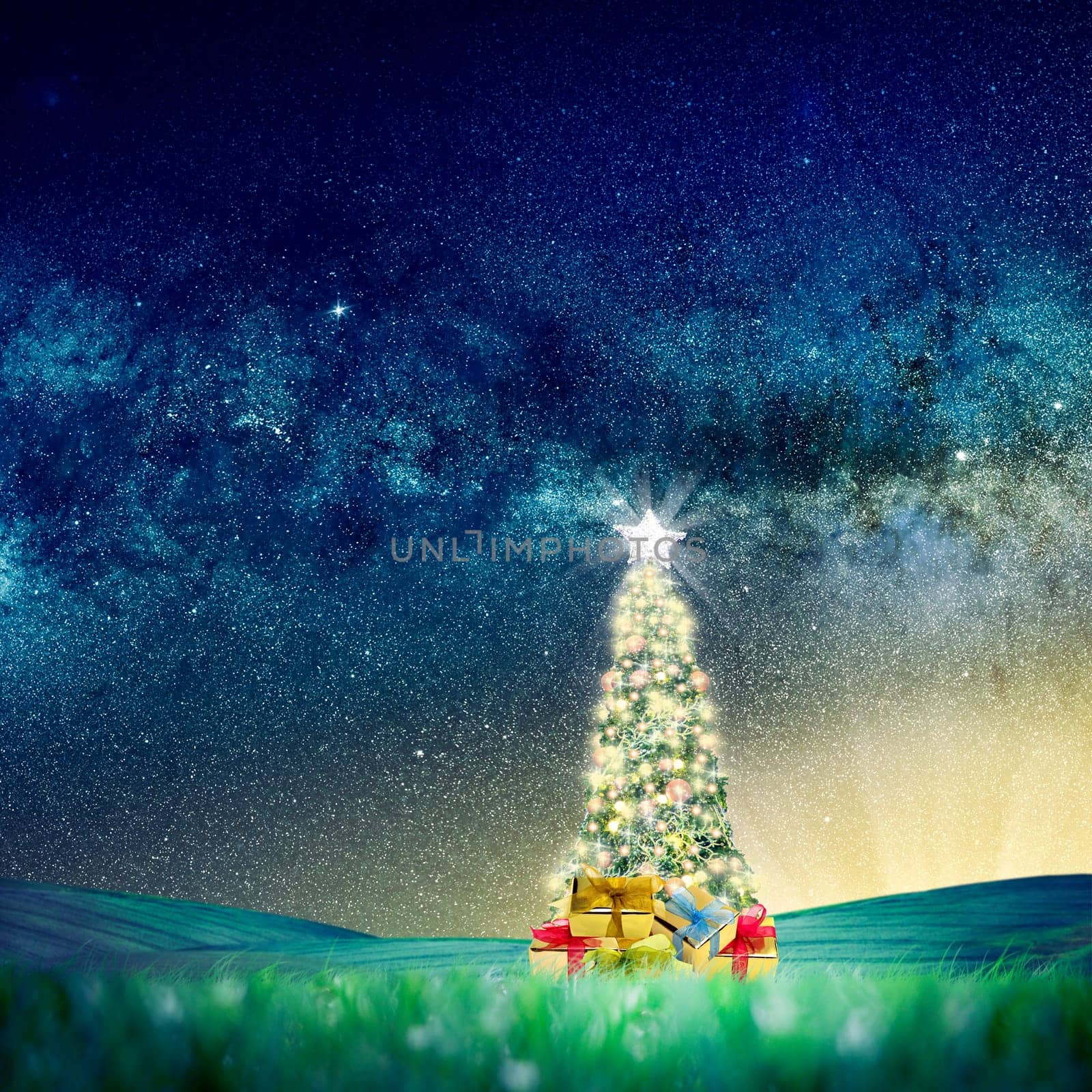 Conceptual image of Decorated Christmas tree on green landscape over night sky with stars and galaxies. .Space Image link: https://nasasearch.nasa.gov/search/images?utf8=%E2%9C%93&affiliate=nasa&query=galaxy+images