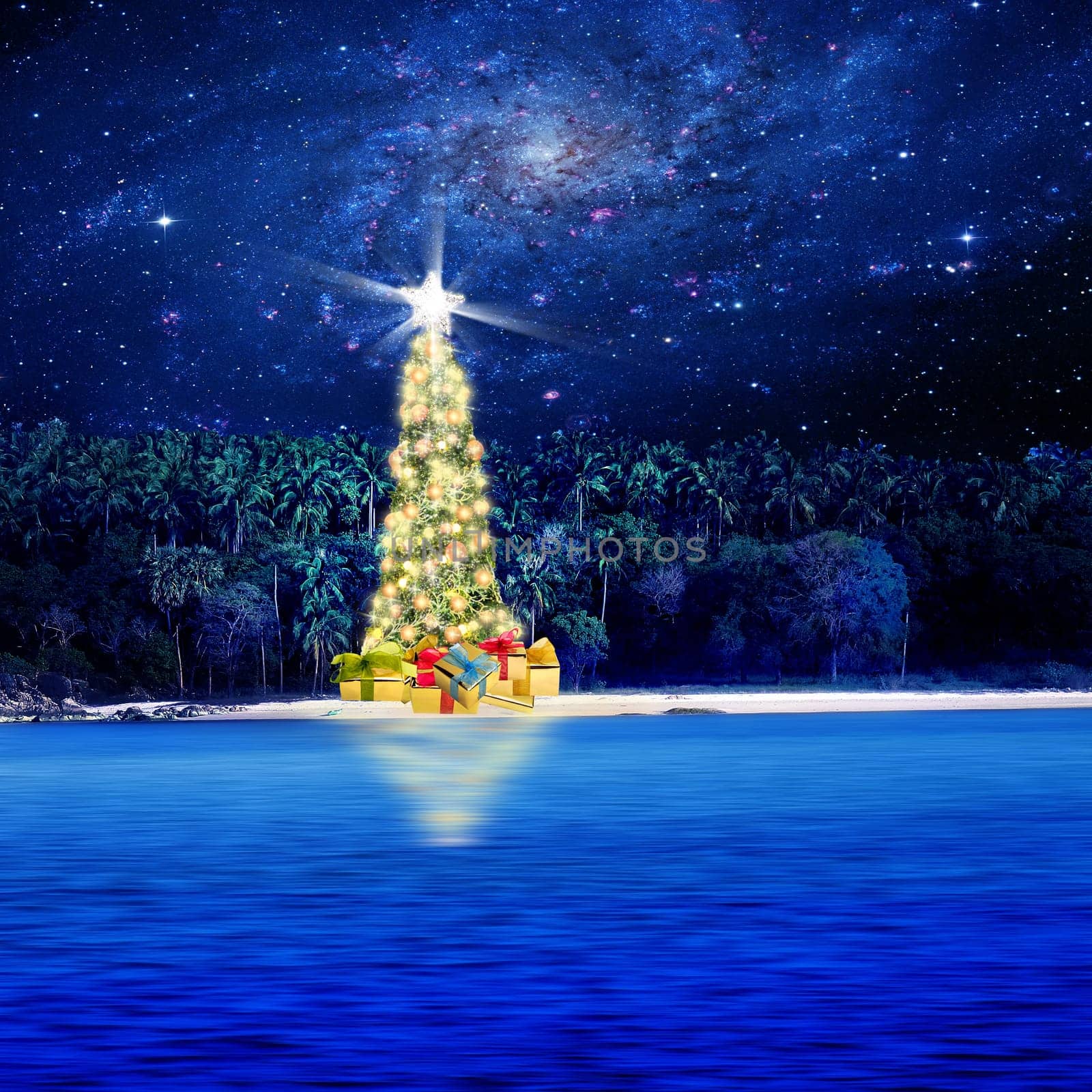 Conceptual image of Decorated Christmas tree on little tropical island over galaxy sky. .Space Image link: https://nasasearch.nasa.gov/search/images?utf8=%E2%9C%93&affiliate=nasa&query=galaxy+images