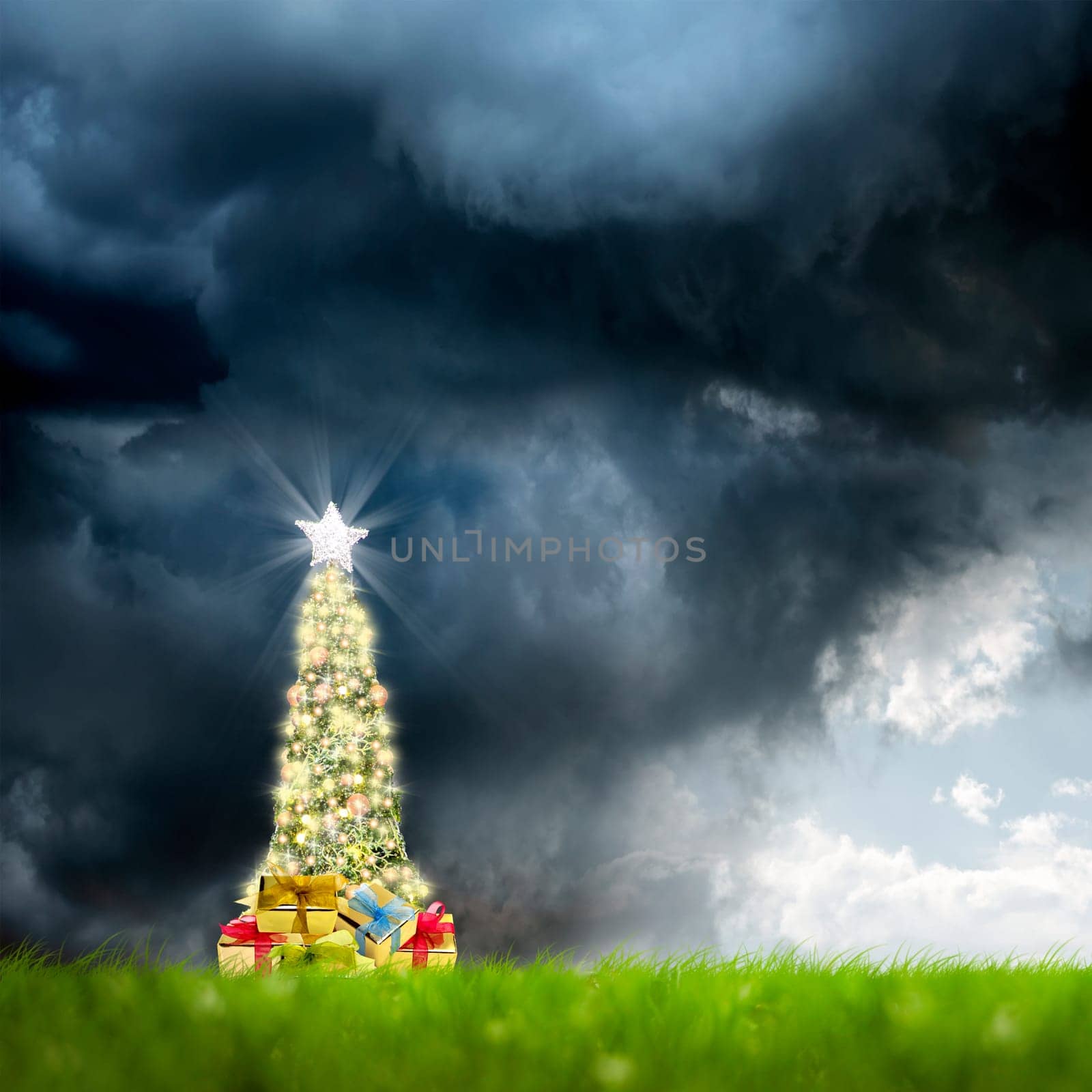 Conceptual decorated shiny Christmas tree on green landscape over cloudy sky