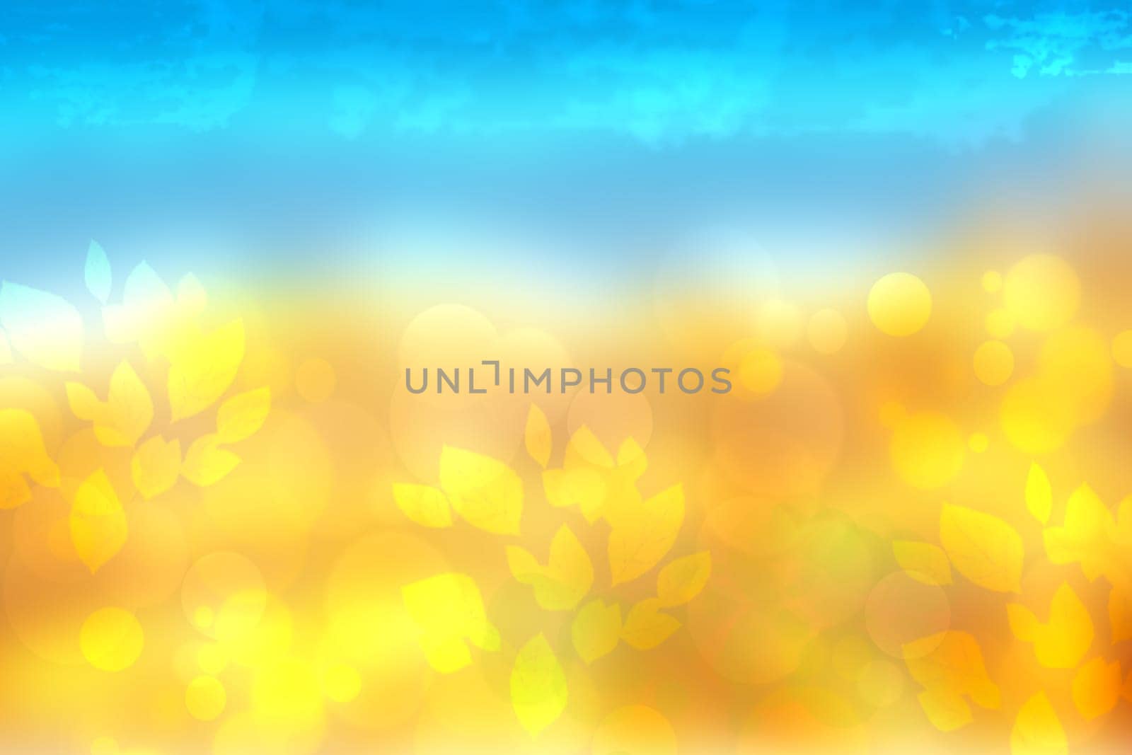 Abstract autumn or bright summer landscape texture with yellow leaves and blue bright sky. Autumn or summer background with copy space.