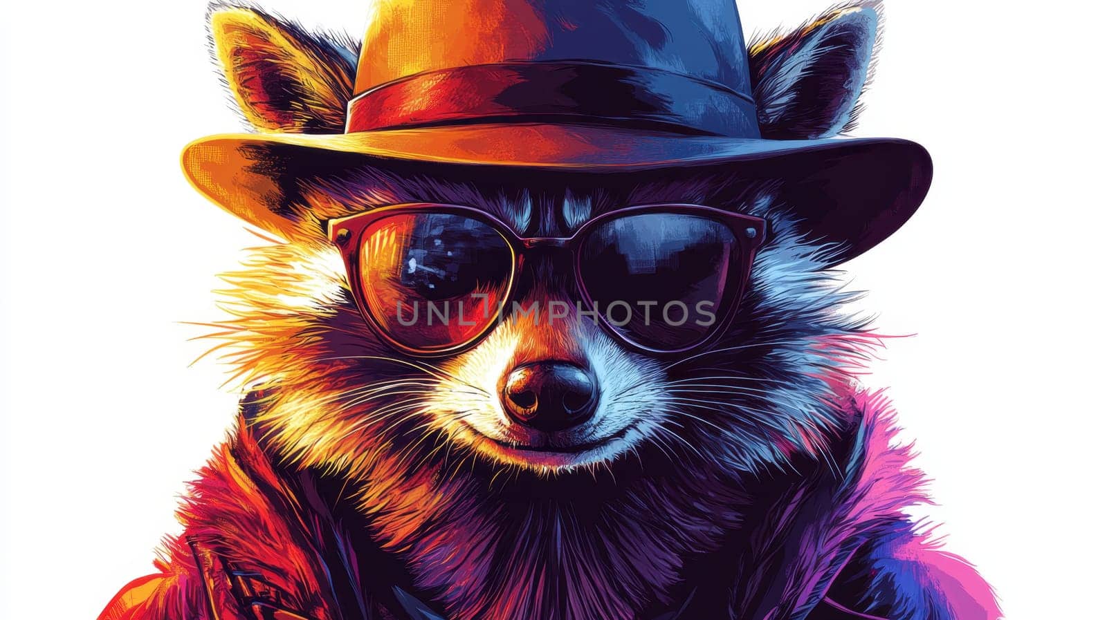 A raccoon confidently wears sunglasses and a stylish hat, showcasing its unique personality. This colorful character dons a fashionable outfit and radiates charm and playfulness, set against a bright backdrop.
