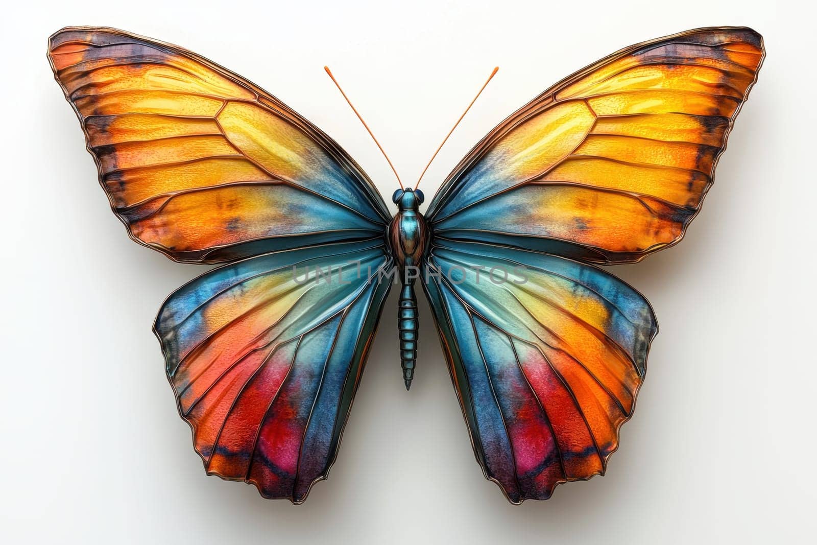 A close view of a beautifully detailed butterfly with bright orange, blue, and yellow wings. The wings are open and exhibit intricate patterns. The butterfly is centered against a light background, emphasizing its vivid colors and delicate structure.