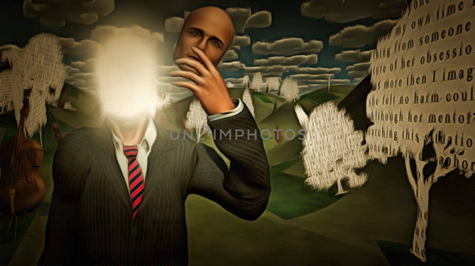 Surreal painting. Man with bright light behind his face. Paper trees and cellos in the green field.
