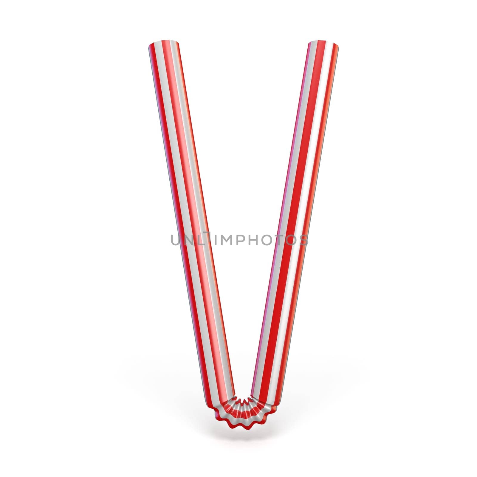Drinking straw font Letter V 3D render illustration isolated on white background