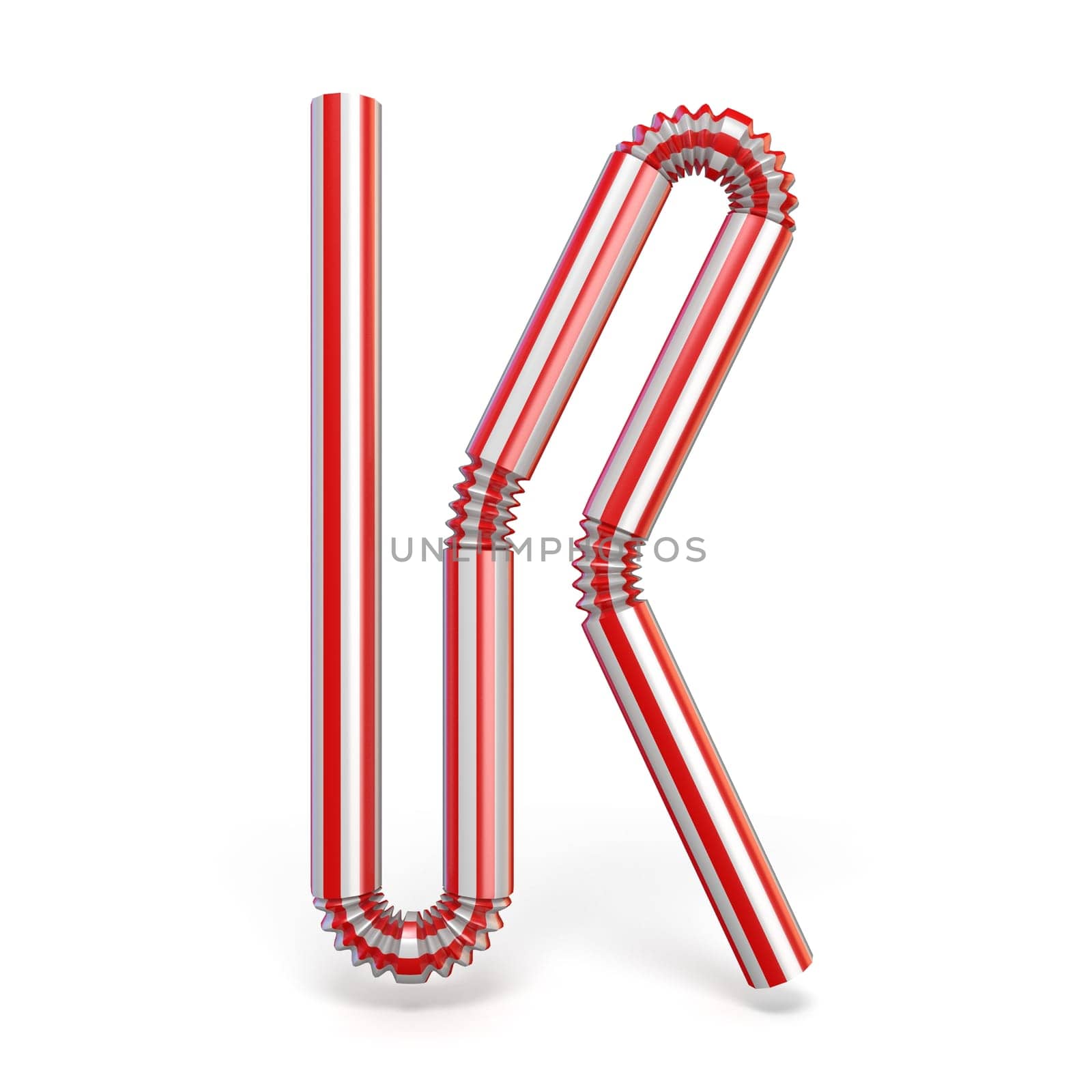 Drinking straw font Letter K 3D render illustration isolated on white background