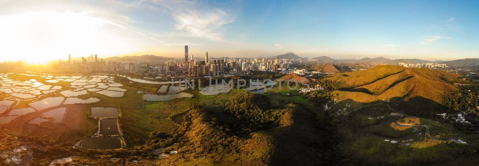 Skyline of Shenzhen City, China at twilight. Viewed from Hong Kong border