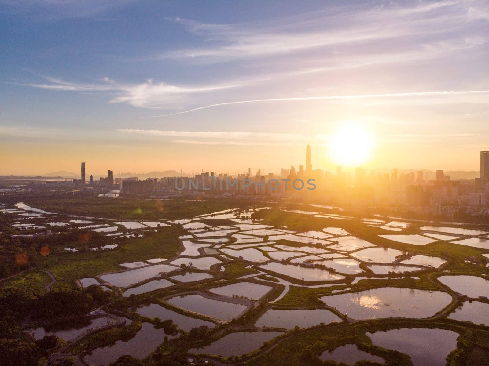 Skyline of Shenzhen City, China at twilight. Viewed from Hong Kong border
