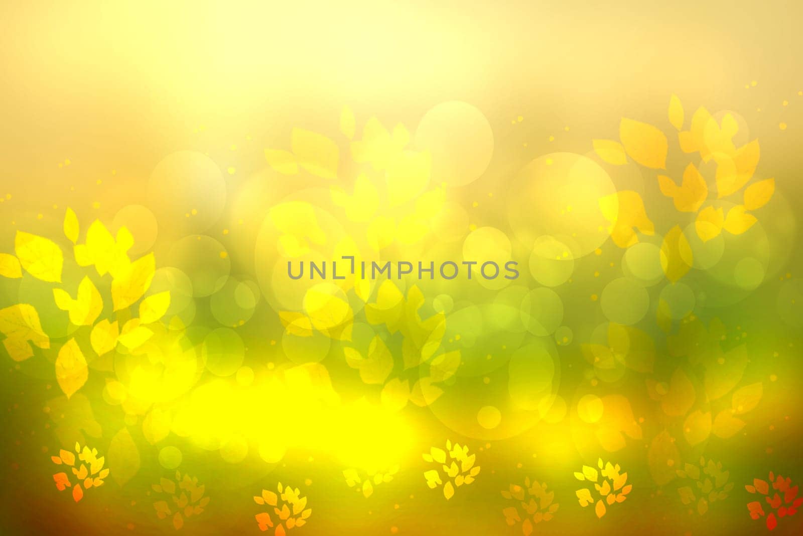 Sunny abstract bright yellow green bokeh autumn background texture with leaves. Space for your design.