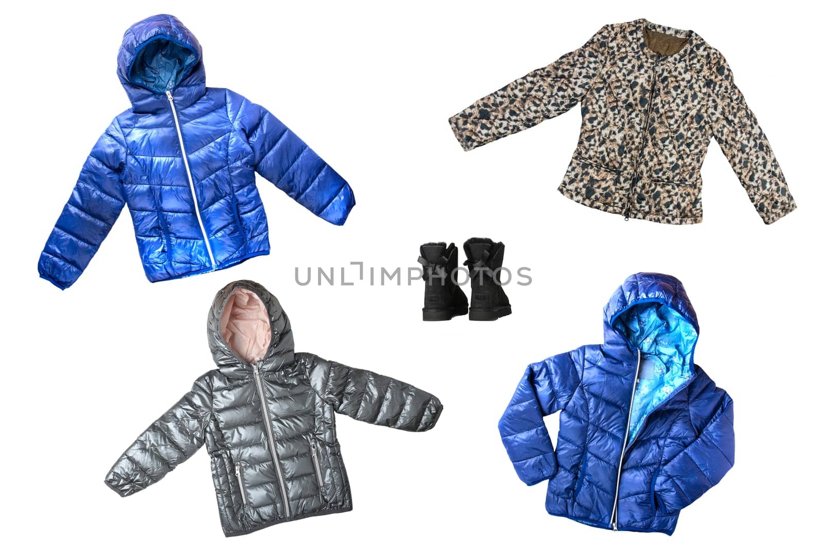 Child clothes isolated. Collage set of children clothes isolated on a white background. Concept autumn or winter fashion for children.