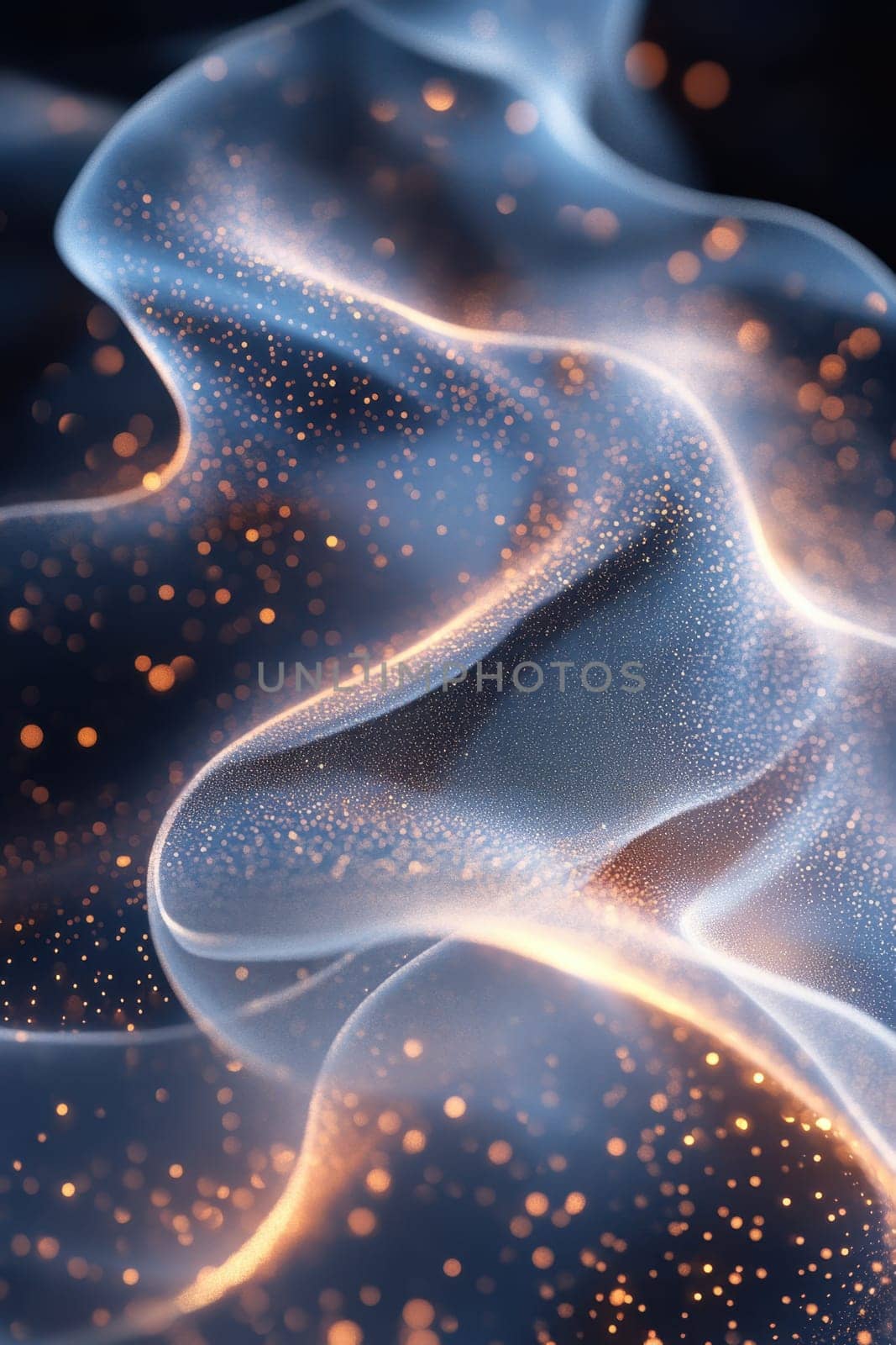 Delicate waves of translucent material create an ethereal effect, interspersed with shimmering particles of light. The interplay of colors and textures evokes a sense of movement in a serene dark environment.