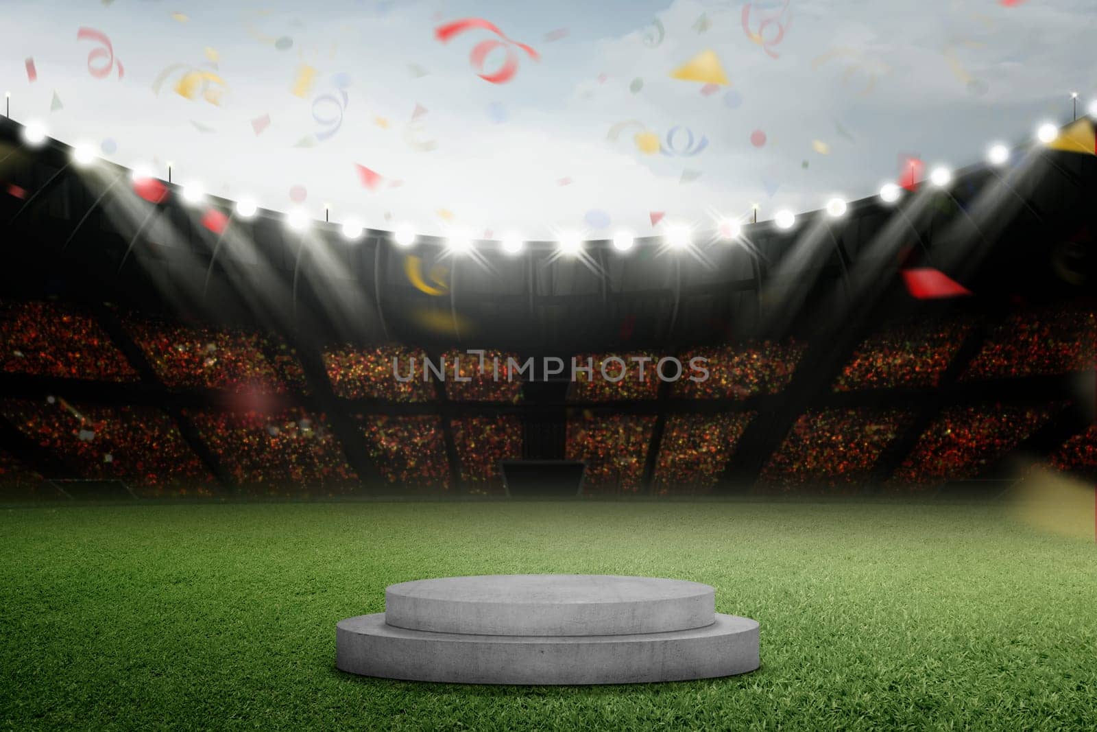 Podium with flying confetti on the stadium grass