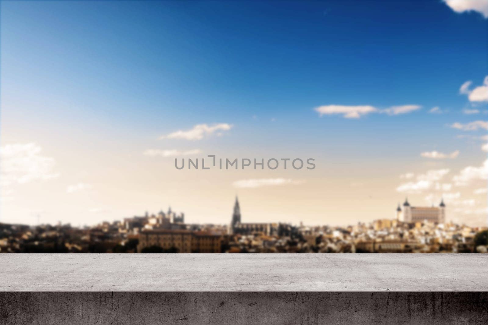 View of historic city at sunset from terrace wall