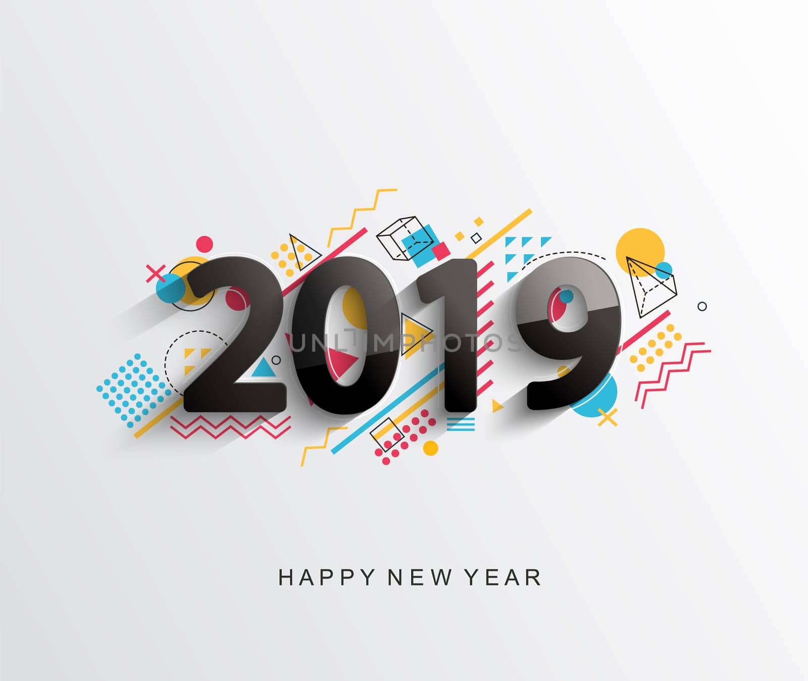 Modern creative new 2019 year design card with geometric shapes on background for your seasonal holidays flyers, greetings and invitations cards and christmas themed congratulations and banners.Vector