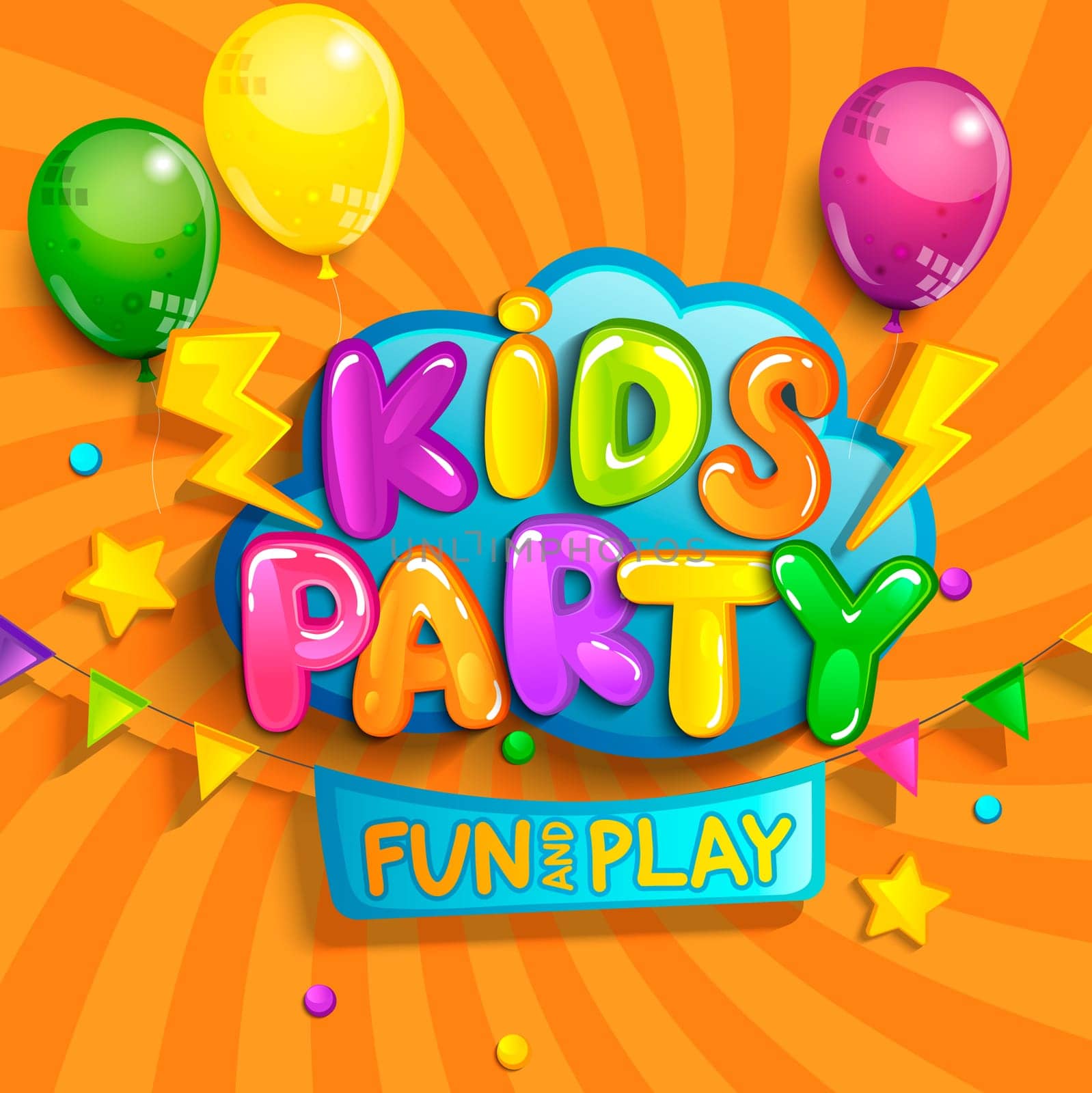 Super Banner for kids party in cartoon style with sunburst background. Place for fun and play, kids game room for birthday party. Poster for children's playroom decoration. Vector illustration.