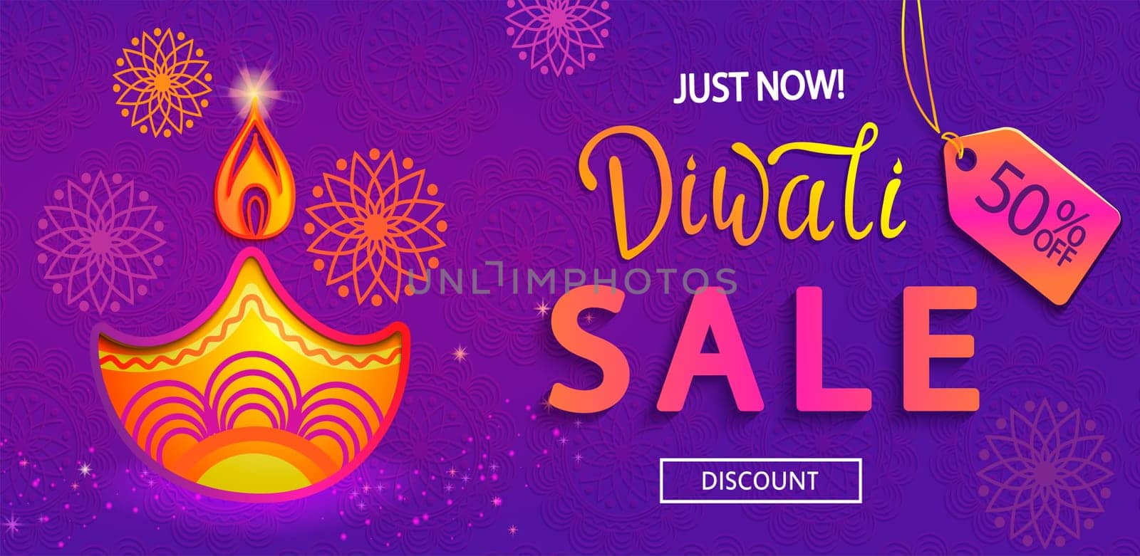 Sale Banner for Happy Diwali, just now 50 percent discount card for indian festival of lights with symbol of oil lamp and fire. Perfect for advertise, posters, flyers, backgrounds.Vector illustration.