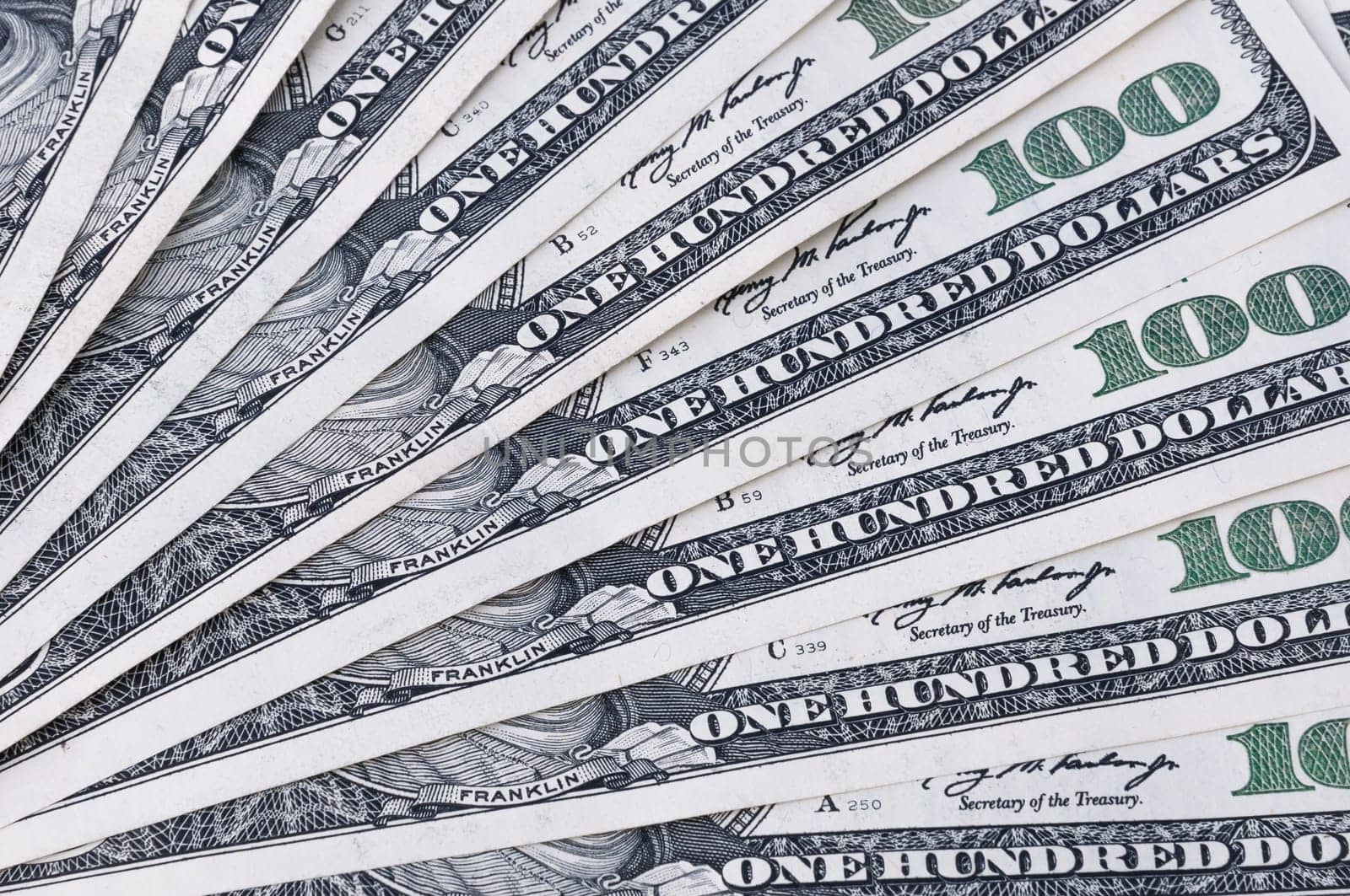 Background of a hundred dollar American banknotes arranged in a fan.