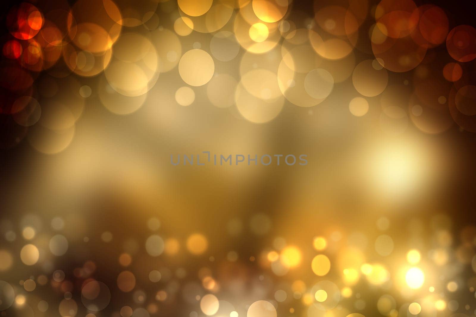 Abstract golden festive bokeh background with glitter sparkle blurred circles and Christmas lights. Concept Christmas, Happy New Year and other holidays.