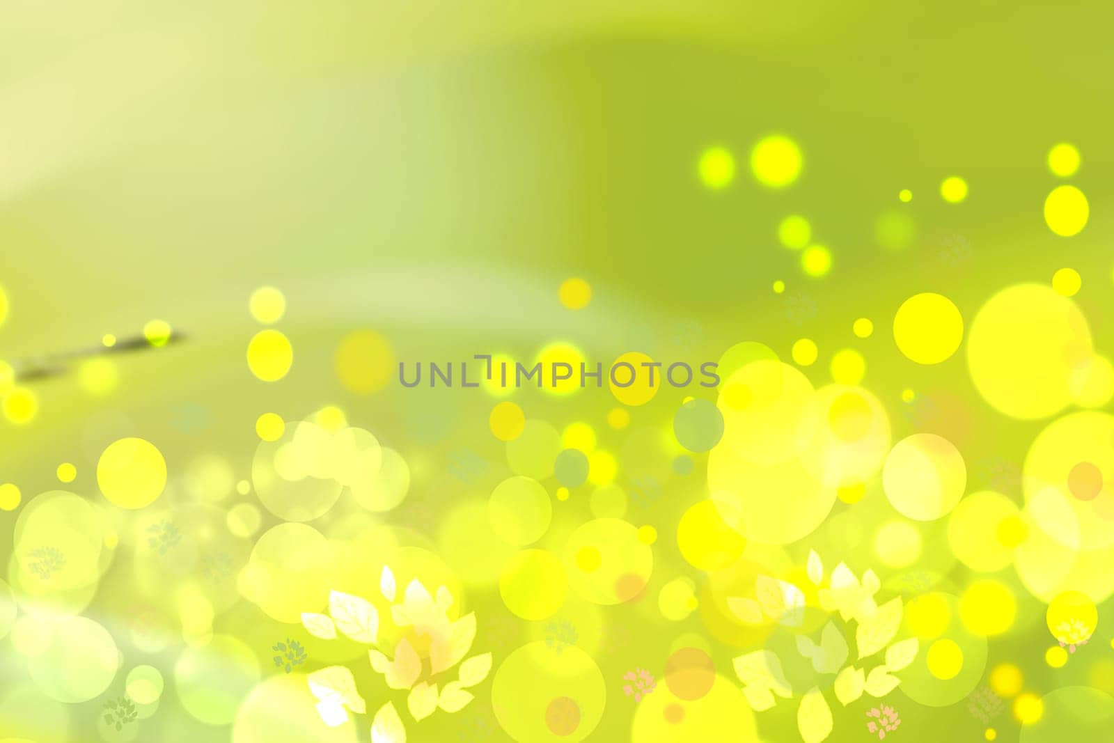 Abstract autumn gradient yellow green bright background texture with leaves and bokeh circles. Space.