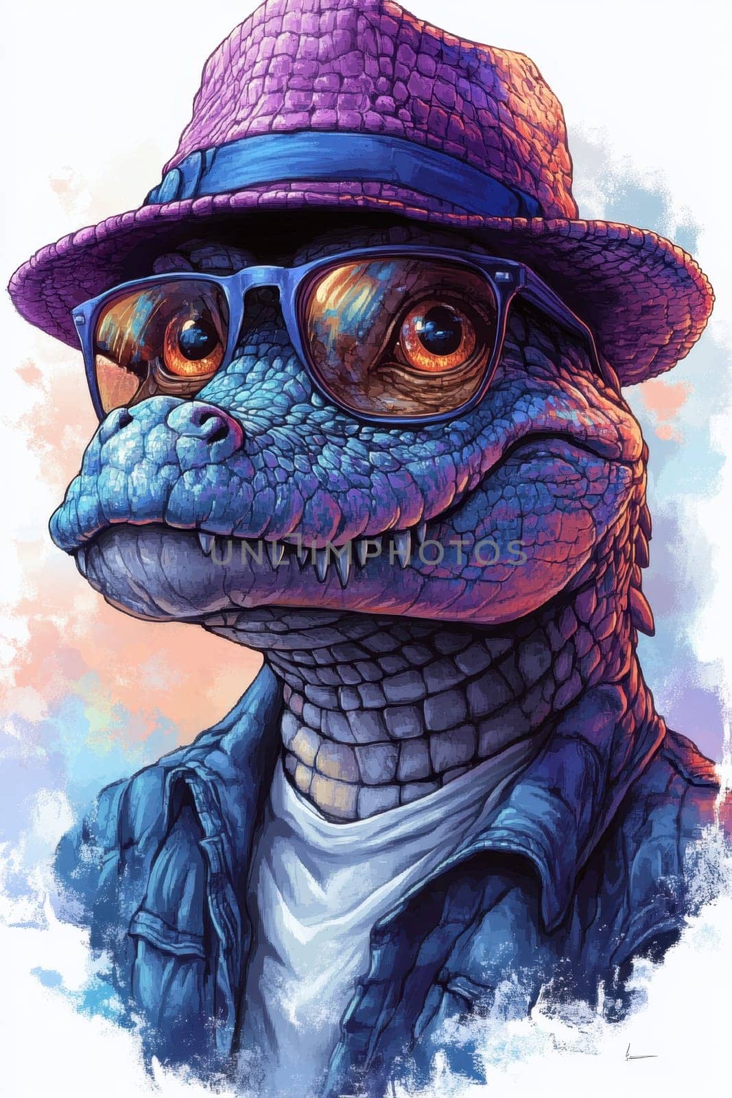 A colorful lizard character dons a stylish purple hat and large glasses, exuding charm and confidence. The background features soft pastel colors that enhance the lively atmosphere, showcasing creative artistry.
