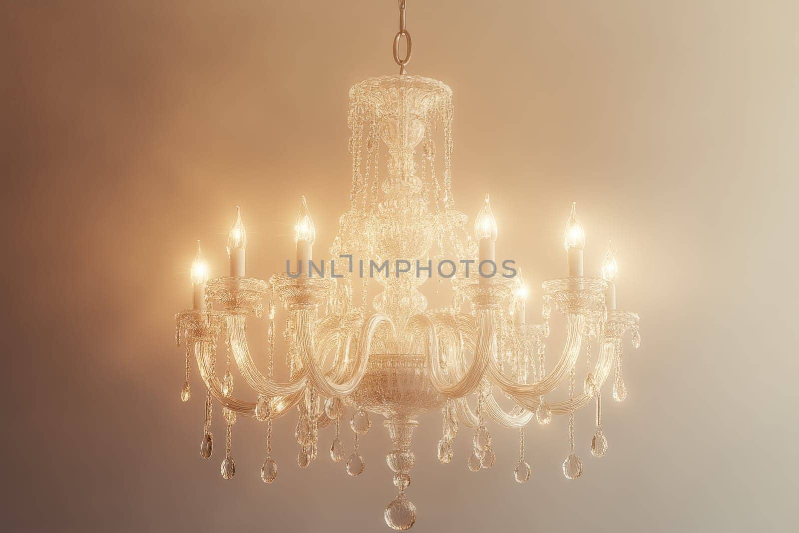 A beautiful crystal chandelier with intricate designs and numerous candle-like bulbs hangs gracefully from the ceiling. The soft, warm lighting creates an inviting atmosphere, enhancing the room's elegance.