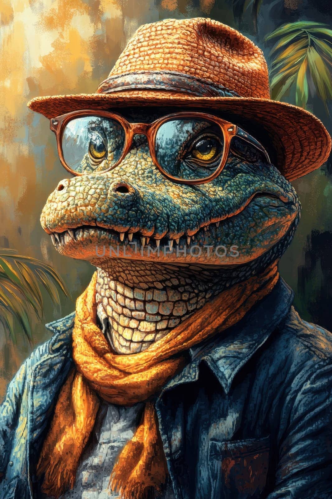 A lizard character with textured green scales wears large glasses, a straw hat, and an orange scarf. It is set against a lush tropical background filled with vibrant greenery and warm light.