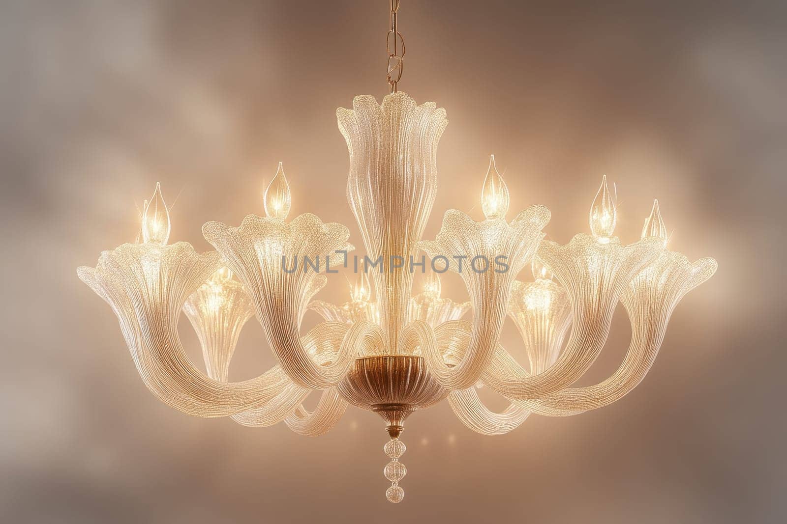 A stunning chandelier made of transparent crystal glass hangs from the ceiling, featuring delicate floral patterns and multiple light sources. The gentle illumination casts a cozy glow, enhancing the stylish decor of the room.