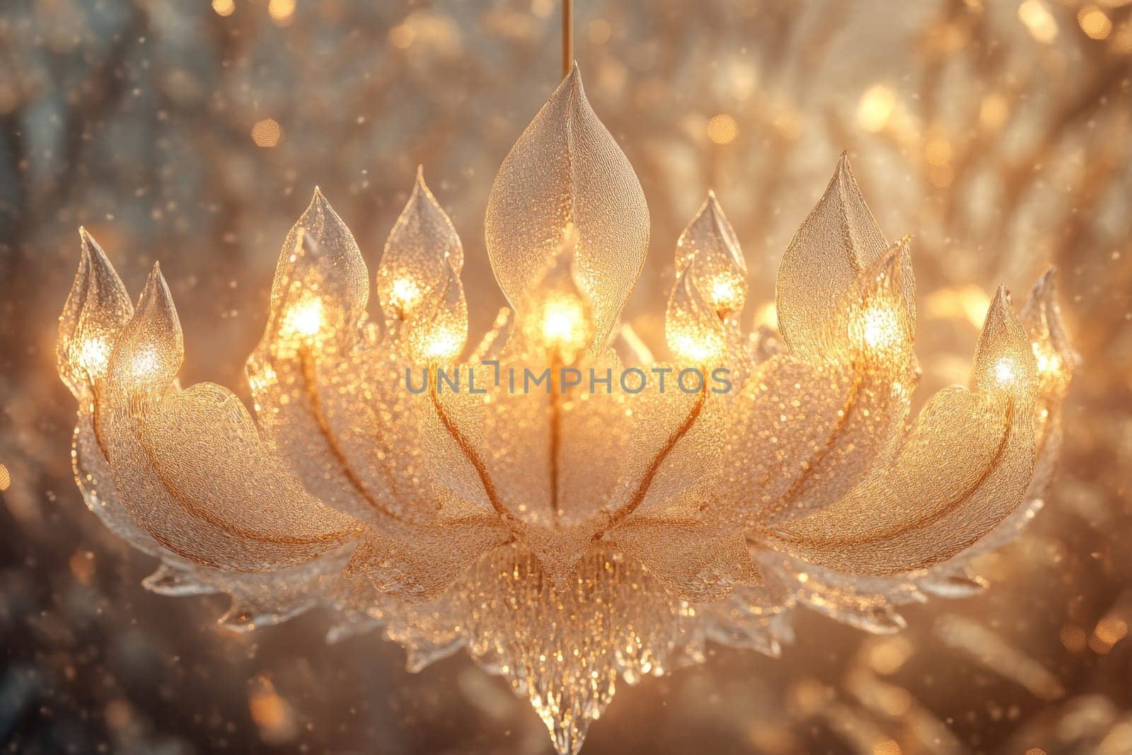A beautifully crafted chandelier shines brightly, casting a warm golden glow in a frosty winter setting. Delicate details of the chandelier's design reflect the soft light, enhancing the chilly atmosphere outdoors.