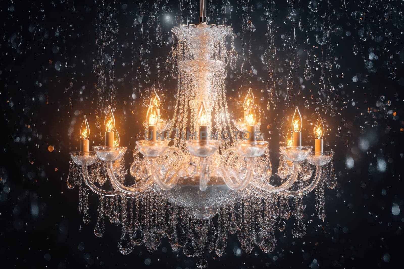 A stunning crystal chandelier sparkles as its warm light reflects off glistening droplets of water descending from above. The luxurious atmosphere creates a captivating focus in a sophisticated indoor setting.