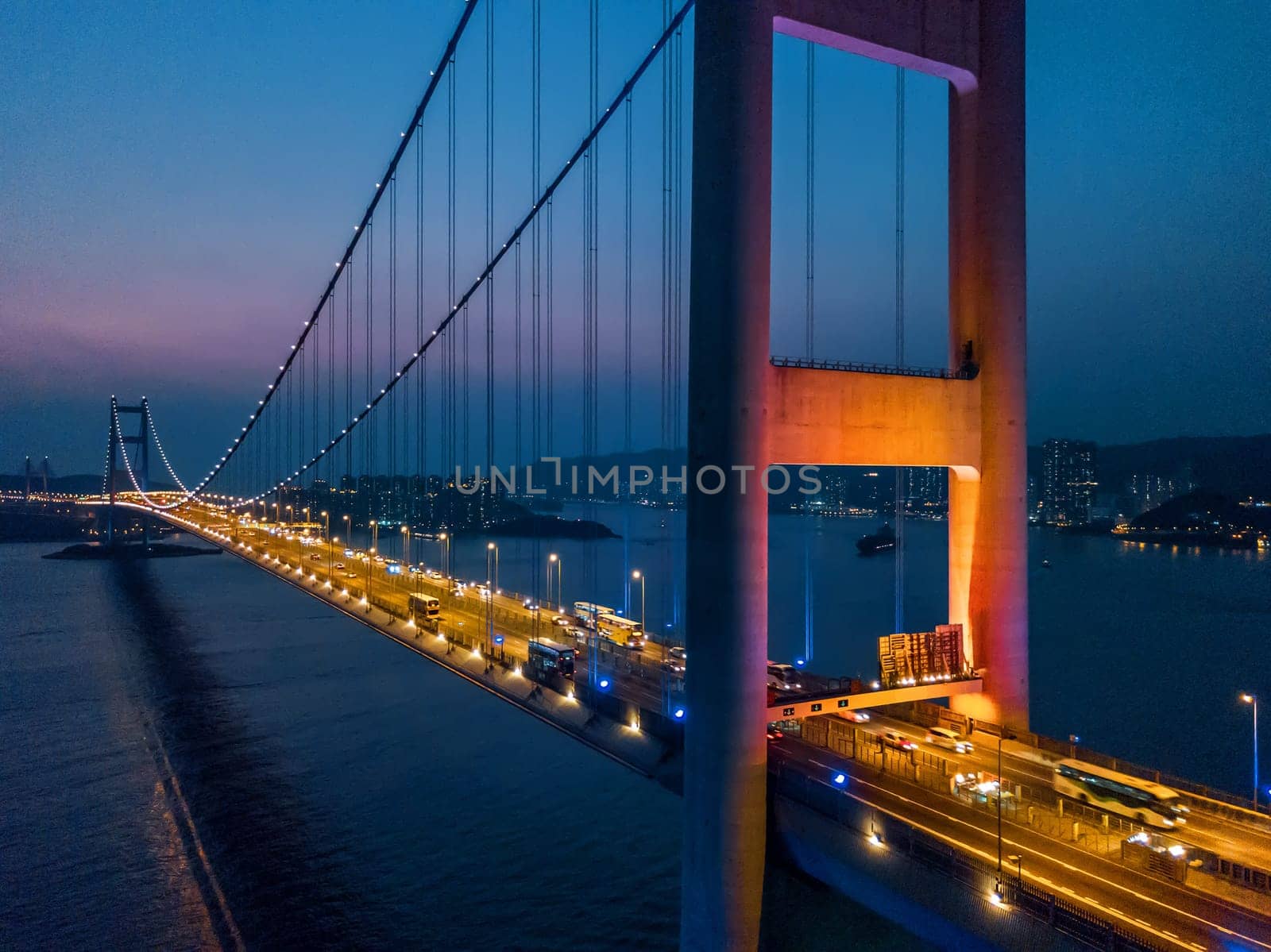 Tsing Ma Bridge at sunset in Hong Kong. Drone Shoot