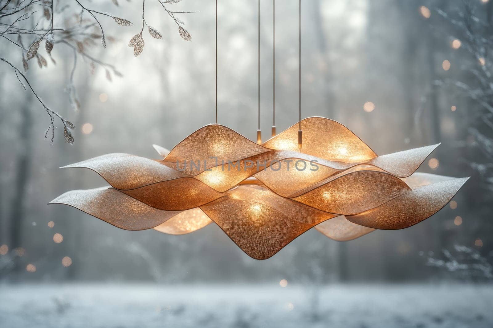 A striking hanging light fixture showcases a wavy design, exuding a soft warm glow in a winter environment. The surrounding area appears frosted, with a softly blurred forest backdrop enhancing the light's presence.