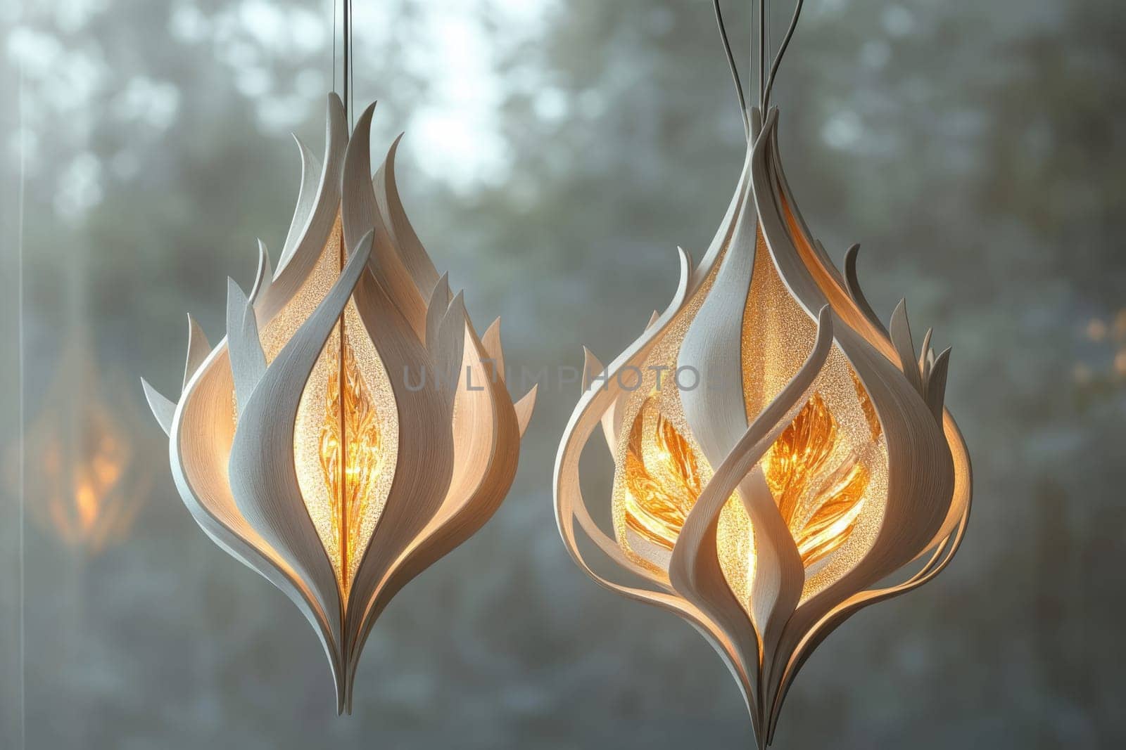 Two beautifully crafted wooden pendant lamps hang from the ceiling, casting a warm glow in a serene interior. Their intricate designs resemble blooming flowers, creating a cozy ambiance during the evening hours.