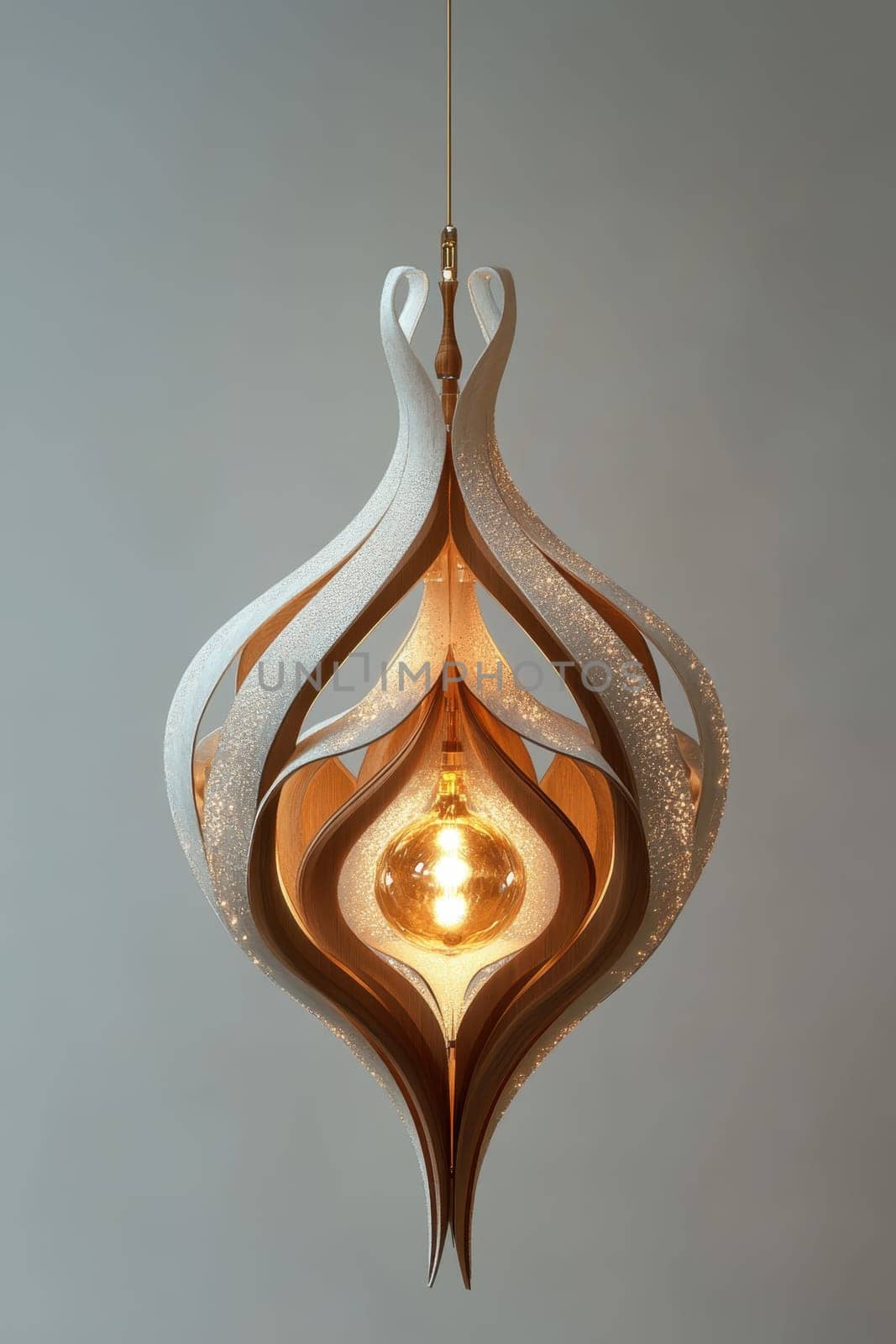 This striking wooden pendant light features a unique swirling design that elegantly blends aesthetics with functionality. It provides warm illumination, enhancing the ambiance of a contemporary living area or dining space.