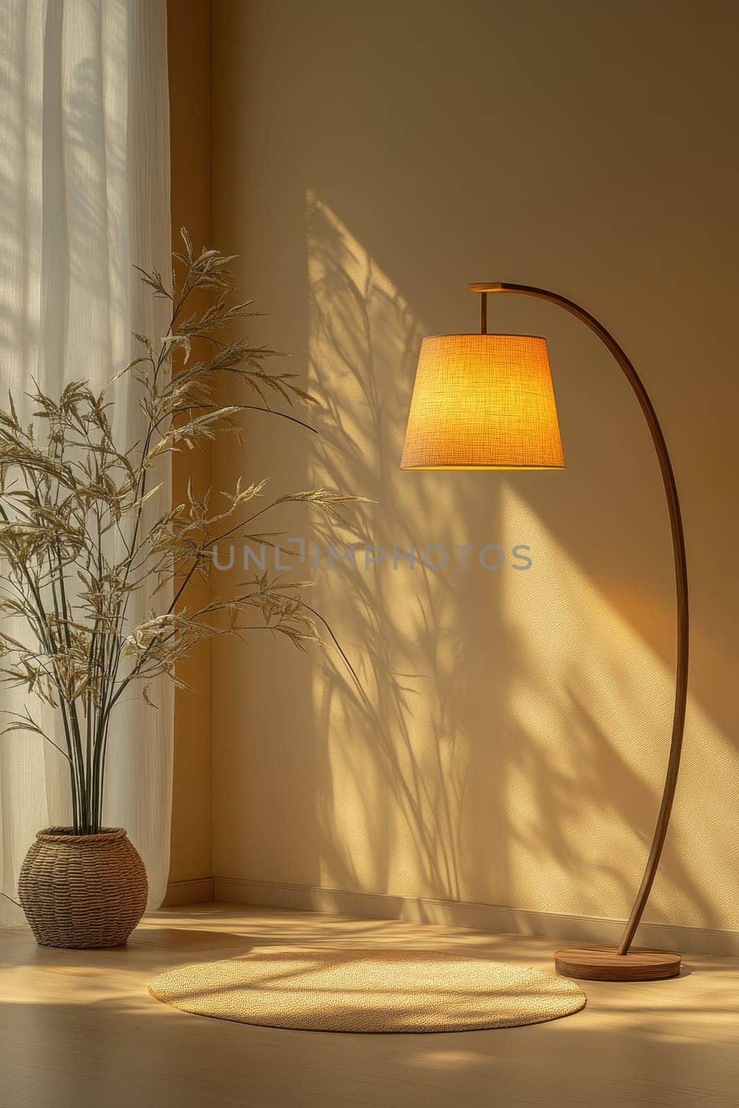 A beautifully designed curved floor lamp softly illuminates a tranquil corner in a well-decorated room. The warm light creates gentle shadows while a stylish plant adds a touch of nature to the serene setting.