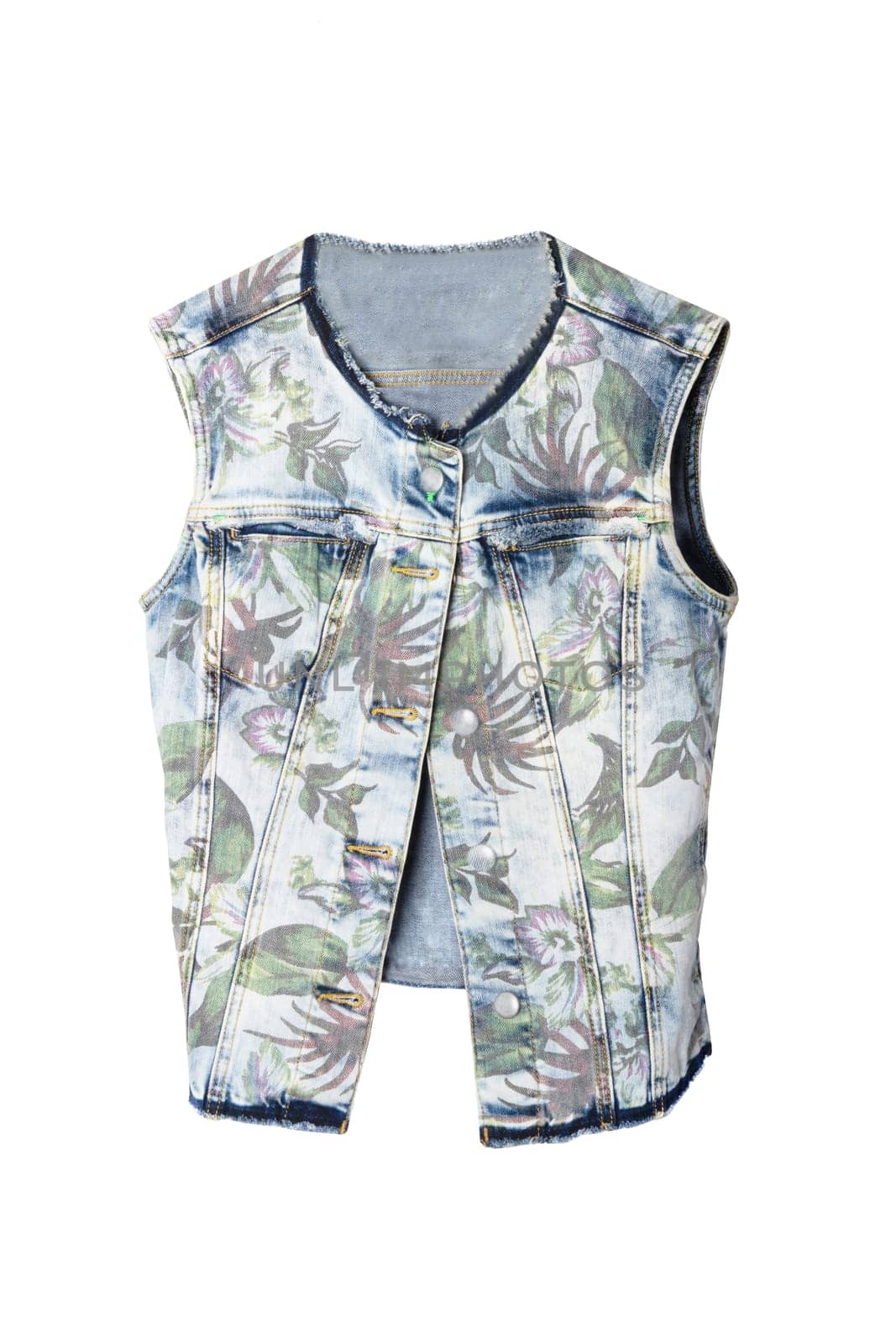 Women clothes. Sleeveless blue jeans vest or jacket for woman isolated on a white background. Jeans fashion.