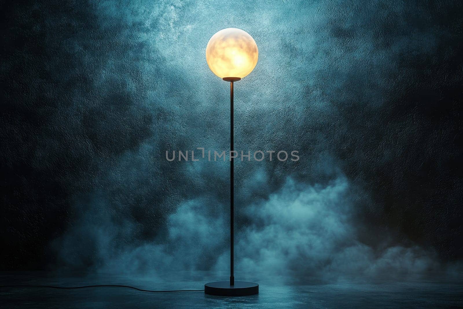 A tall lamp with a glowing sphere light stands alone in a dimly lit interior space filled with light gray fog. The soft light creates a serene atmosphere, highlighting the lamp's minimalist design against a textured backdrop.