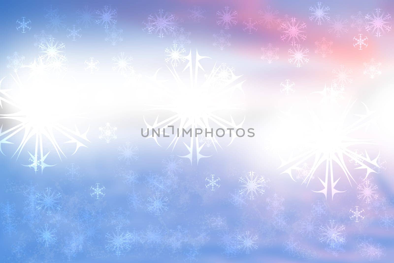 Abstract blurred festive winter christmas or Happy New Year background with falling snowflakes and white bokeh lights. Space for your design. Card concept.