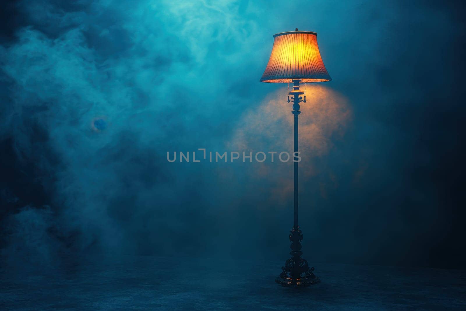 A vintage floor lamp stands tall, casting a warm glow in an otherwise dark environment filled with blue smoke. The lamp's shade diffuses light, enhancing the atmospheric mood of the dimly lit setting.
