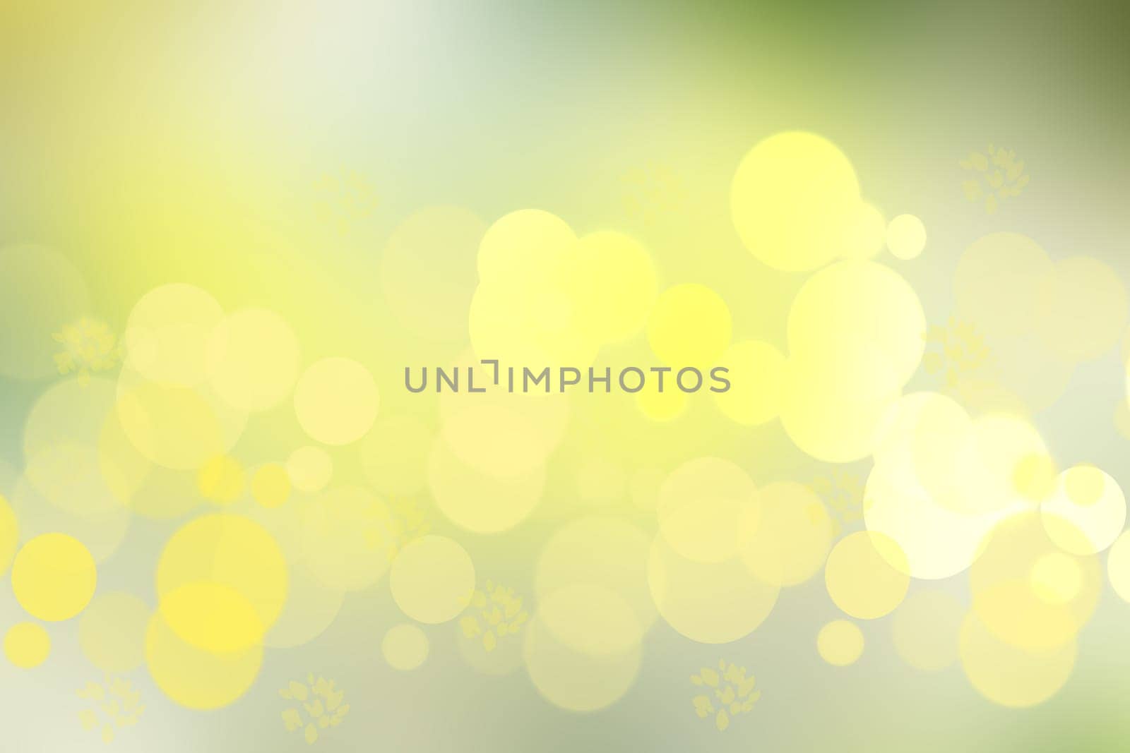 Abstract autumn gradient yellow green bright background texture with leaves and bokeh circles. Space.