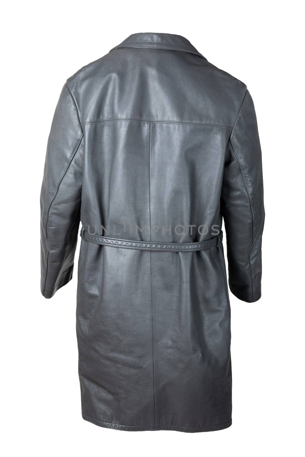 Leather coat. Old vintage male gray leather coat isolated on white. Style of 60s. Back site.