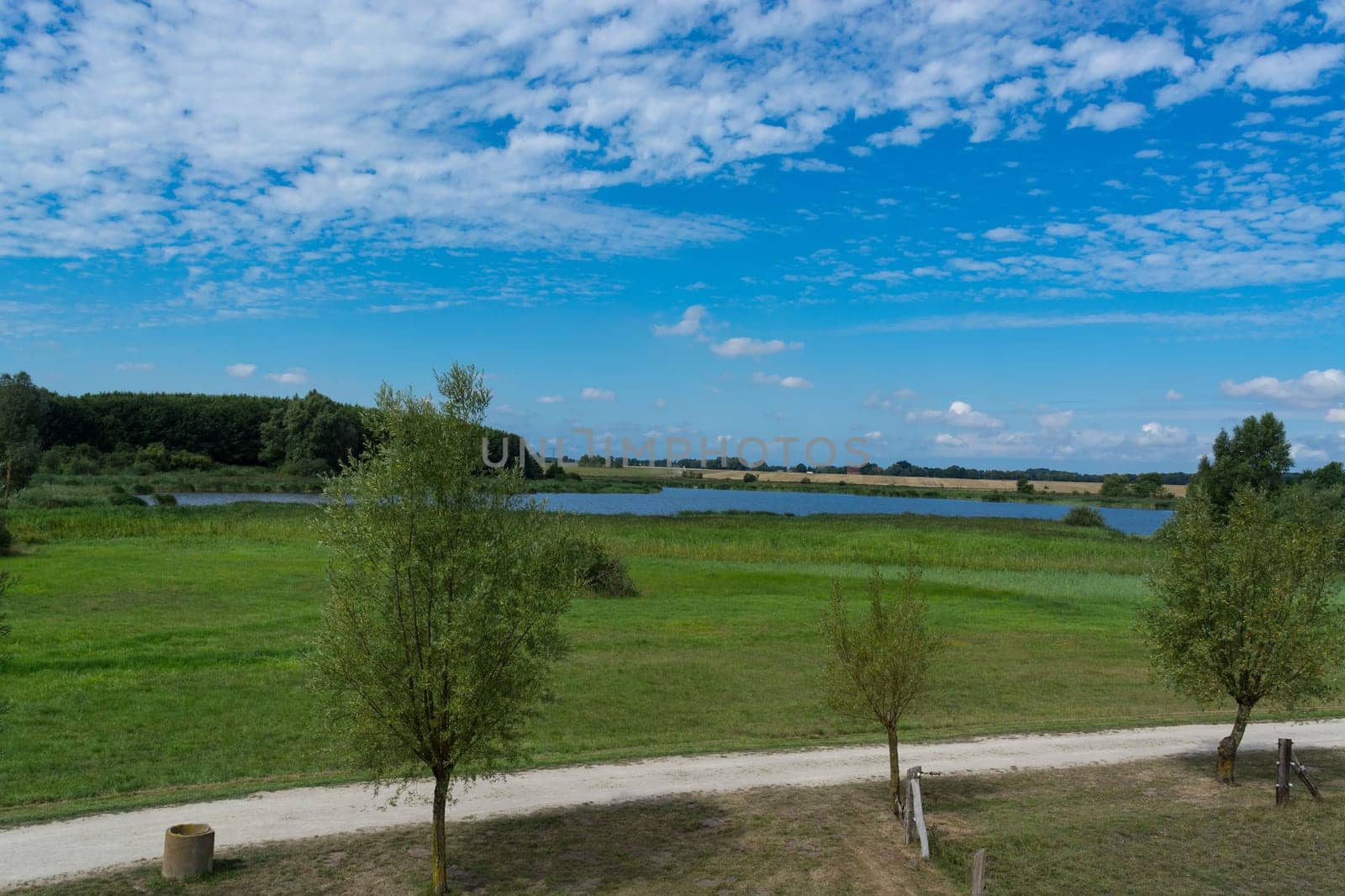 Panoramic view of the swimming, fishing and nature area Eixen lake. Shot from the lookout tower