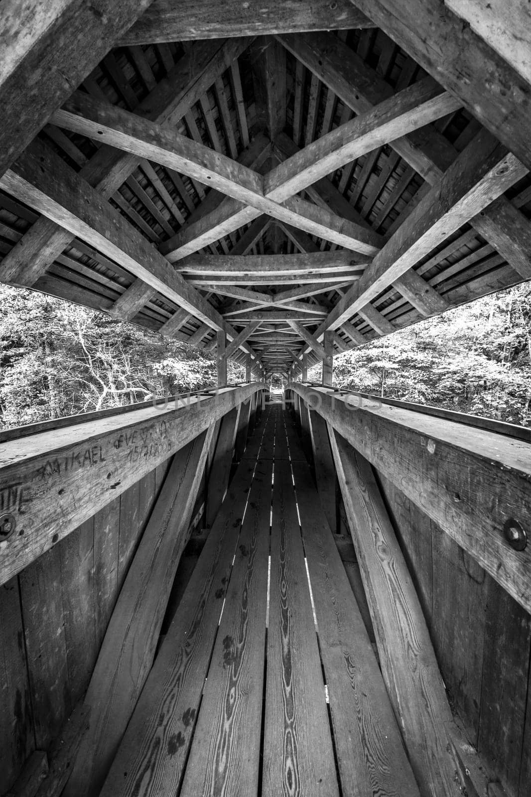 Long wooden beamed pedestrian bridge with roof and graffiti monochrome
