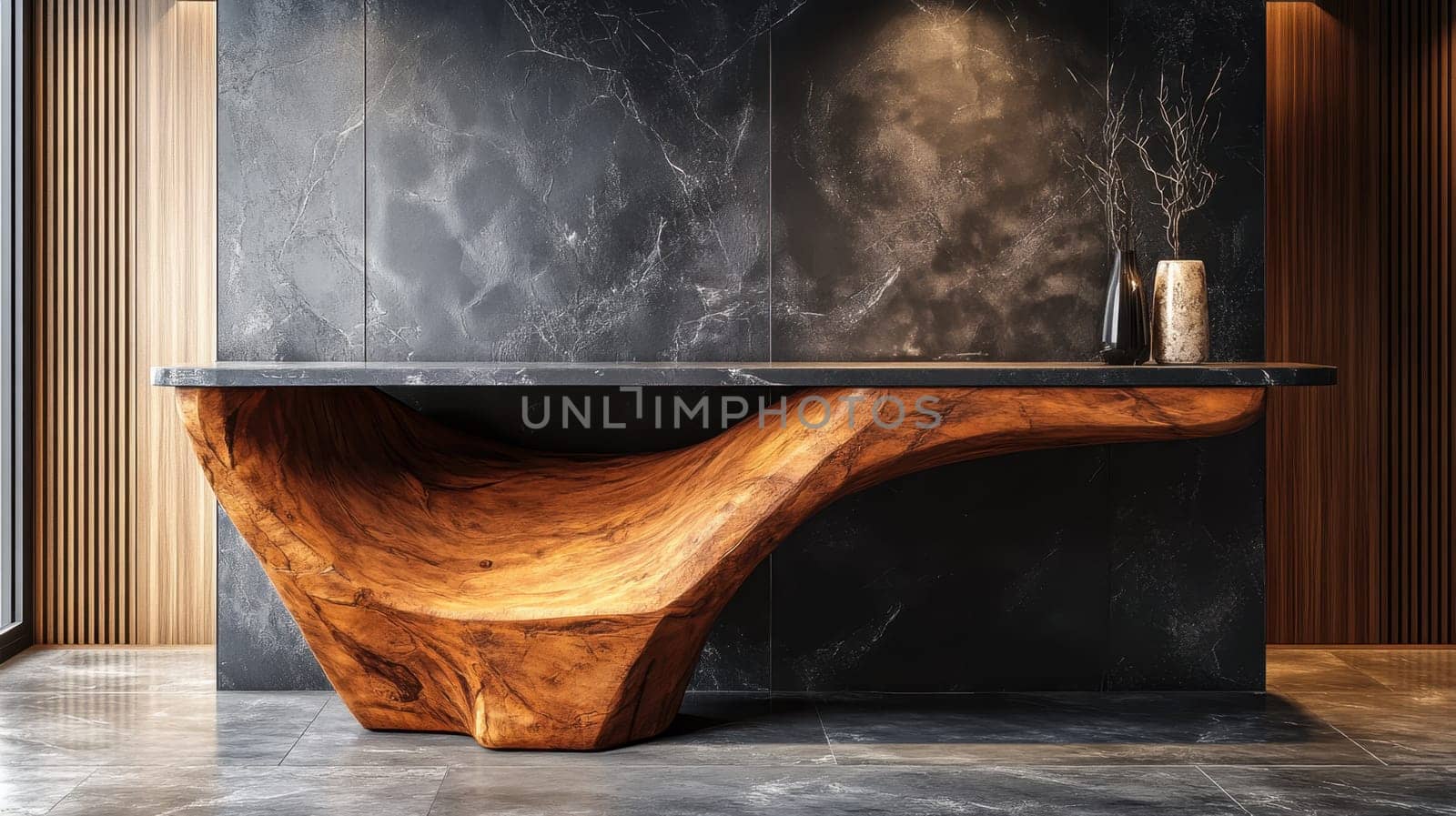 A beautifully crafted wooden table made from natural materials stands prominently in a sleek modern interior. The table features a unique organic design with a polished marble surface, surrounded by elegant textures, highlighting craftsmanship.